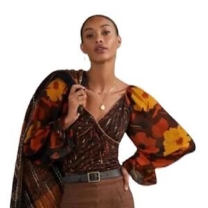 NEW Anthropologie Conditions Apply Brown Abstract Print Puff Sleeve Blouse